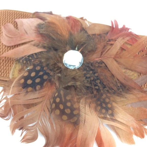 3/$30 VINTAGE FEATHER STRETCH BELT WIDE BROWN RHINESTONE ELASTIC FAUX LEATHER - Picture 10 of 14